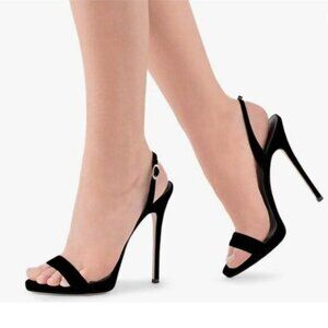 FSJ Black Stiletto Slingback Open-Toe Sandals